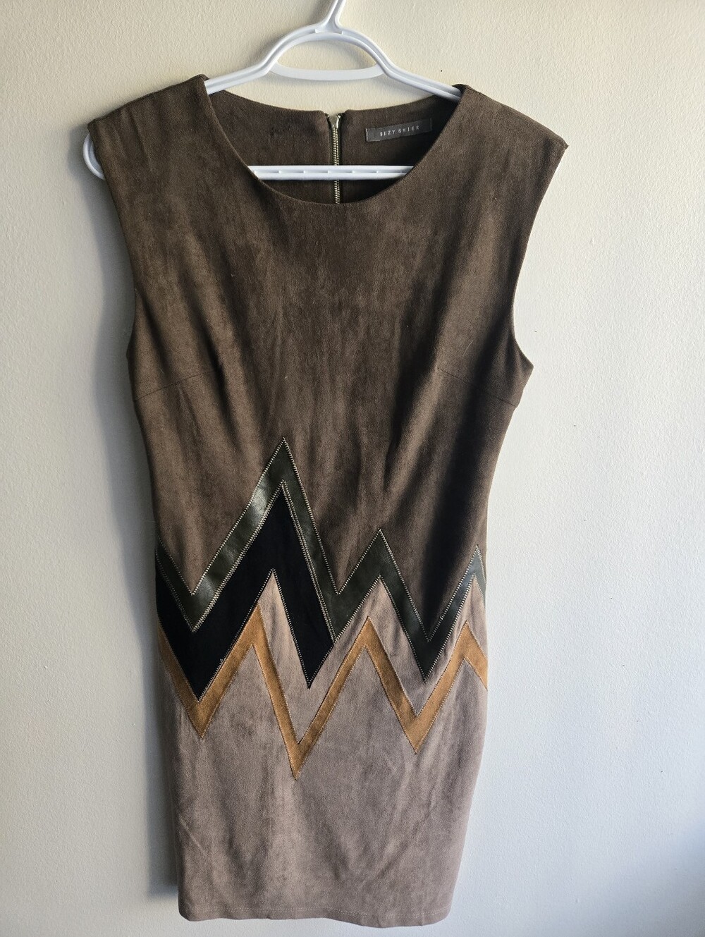 Suzy Shier Brown Suede Chevron Midi Dress